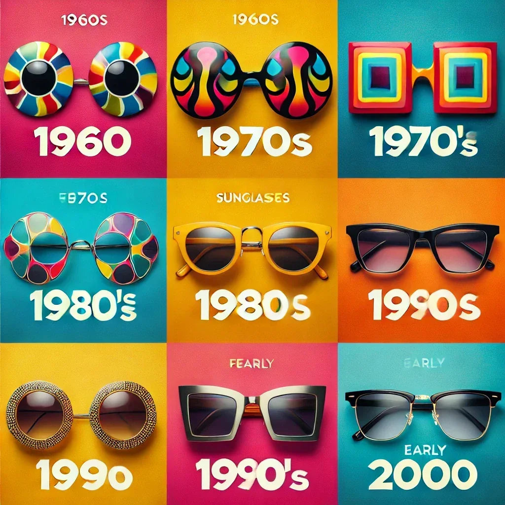 Collage de lentes de sol vintage icónicos de diferentes épocas