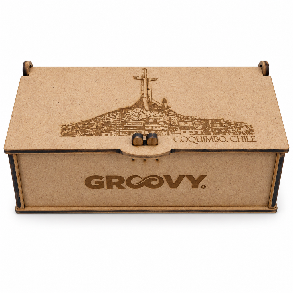 Caja de Lentes de Madera Grabada GROOVY® | Estuche Organizador Sustentable con Paisajes de Chile