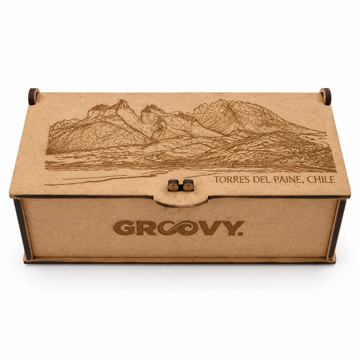 Caja de Lentes de Madera Grabada GROOVY® | Estuche Organizador Sustentable con Paisajes de Chile